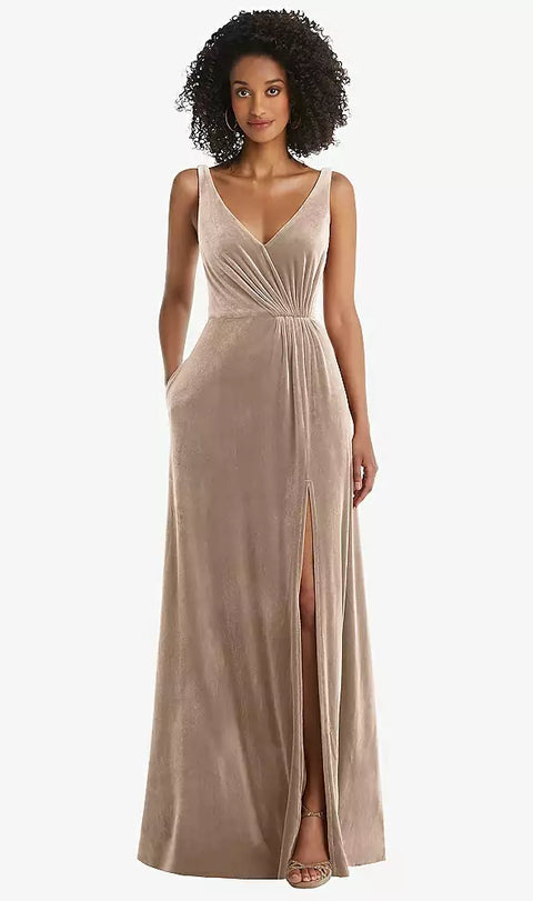 Thread Bridesmaid Th085 Velvet Maxi Dress With Shirred Bodice And Front Slit