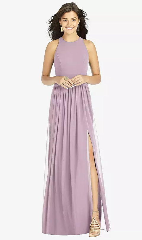 Thread Bridesmaid Th008 Shirred Skirt Jewel Neck Halter Dress With Front Slit