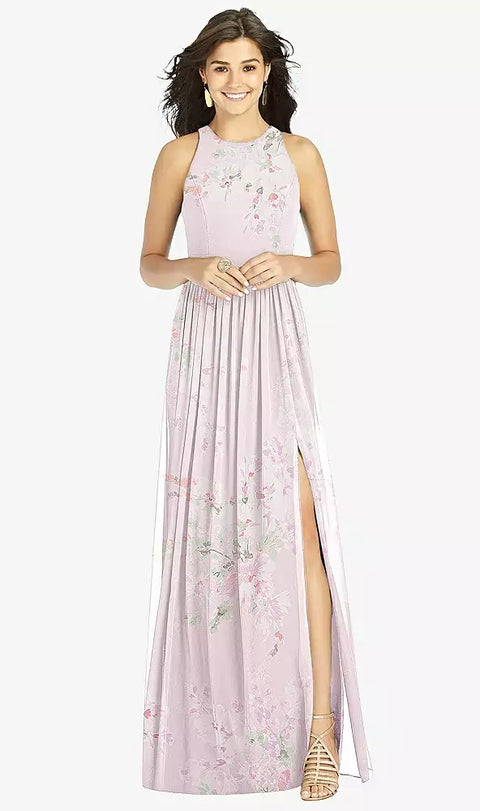 Thread Bridesmaid Th008 Shirred Skirt Jewel Neck Halter Dress With Front Slit