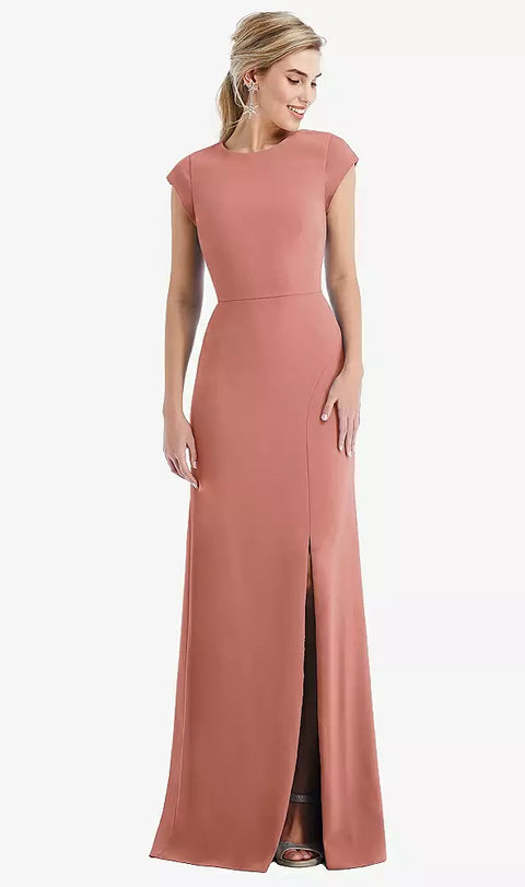 Thread Bridesmaid Th051 Cap Sleeve Open-back Trumpet Gown With Front Slit